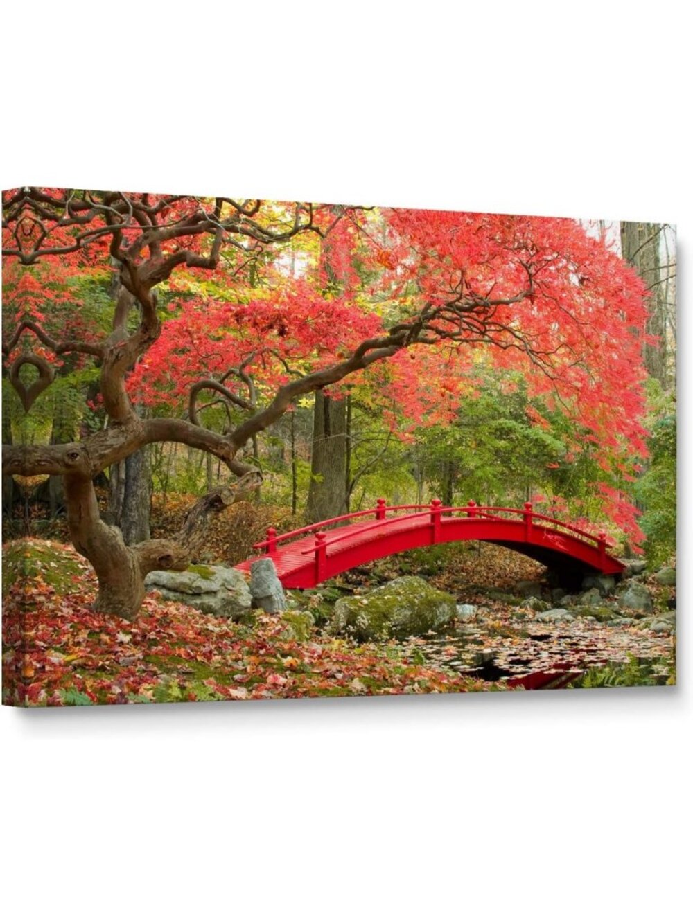 Red Bridge Canvas Wall Art - Fall Foliage Home Decor, Framed & Ready to Hang